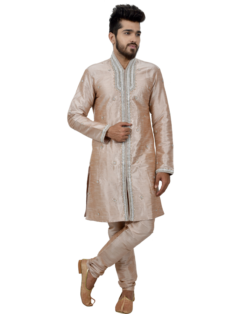 Beige Art Silk Readymade Indo Western Suit 112326