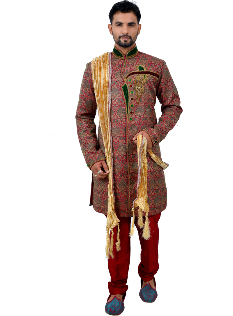 Red Silk Readymade Indo Western Suit 112335
