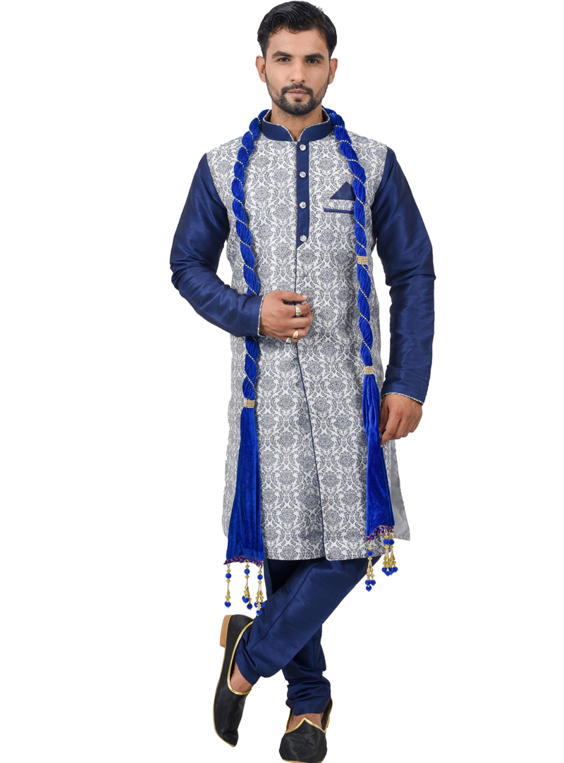 Blue Silk Readymade Indo Western Suit 112339