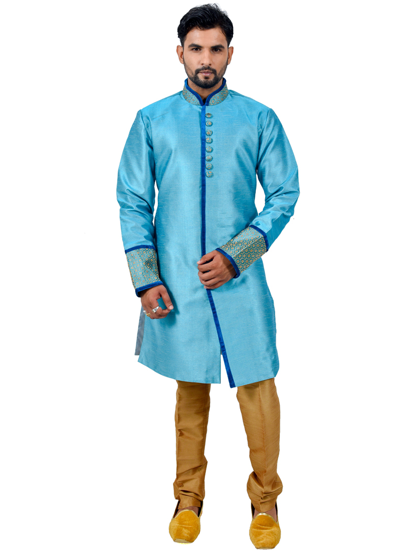 Sky Blue Art Silk Readymade Indo Western Suit 112349