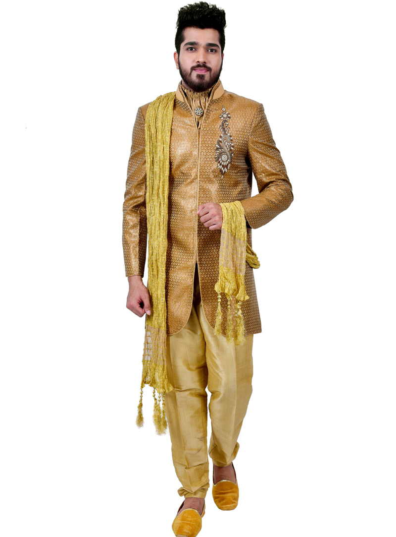 Golden Brocade Readymade Indo Western Suit 112358