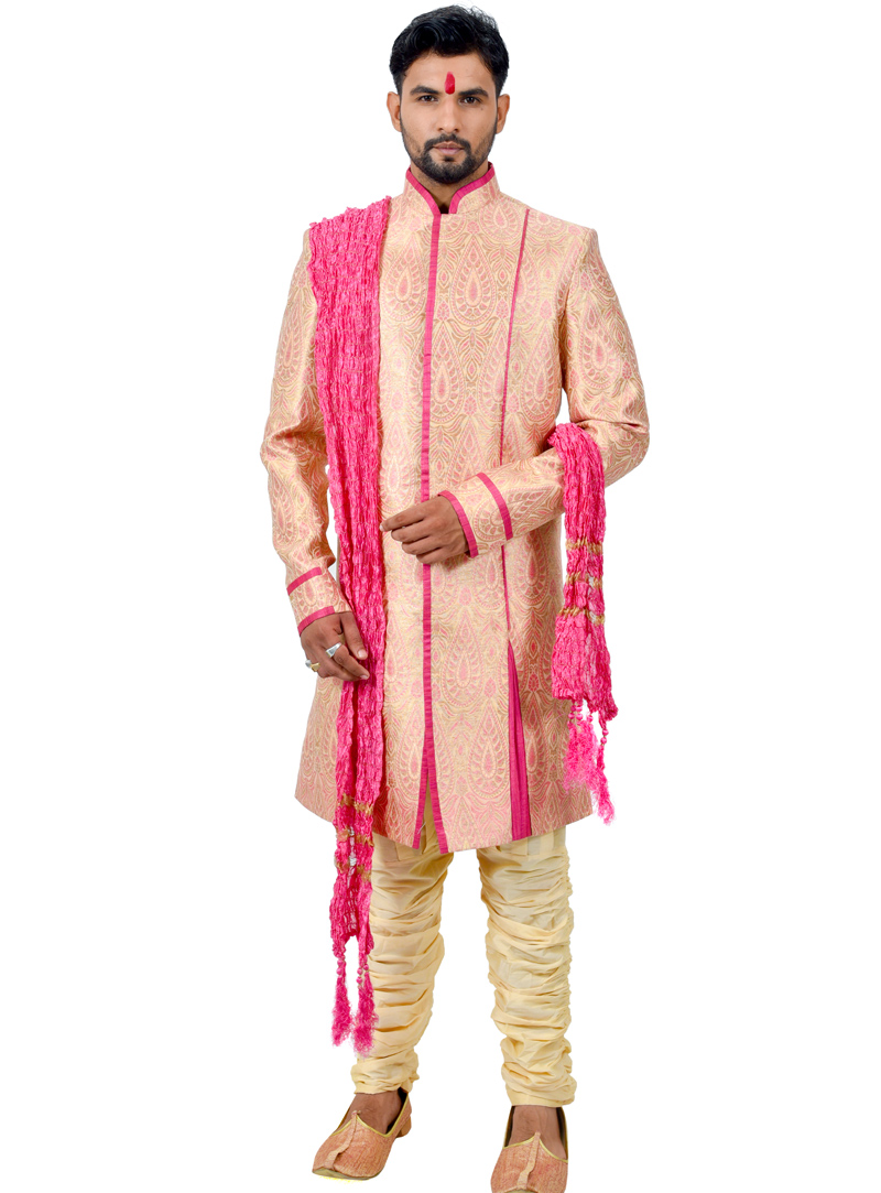 Peach Silk Readymade Indo Western Suit 112365