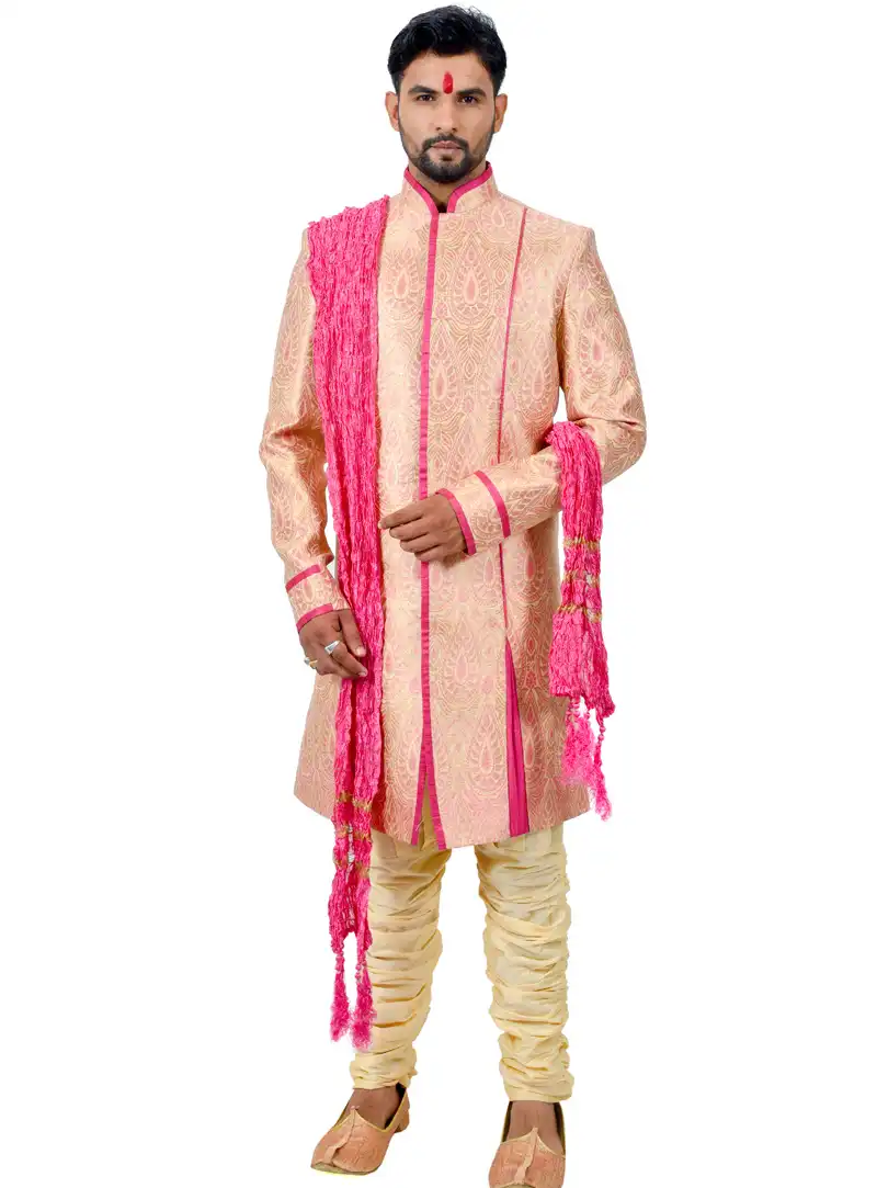 Peach Silk Readymade Indo Western Suit 112365