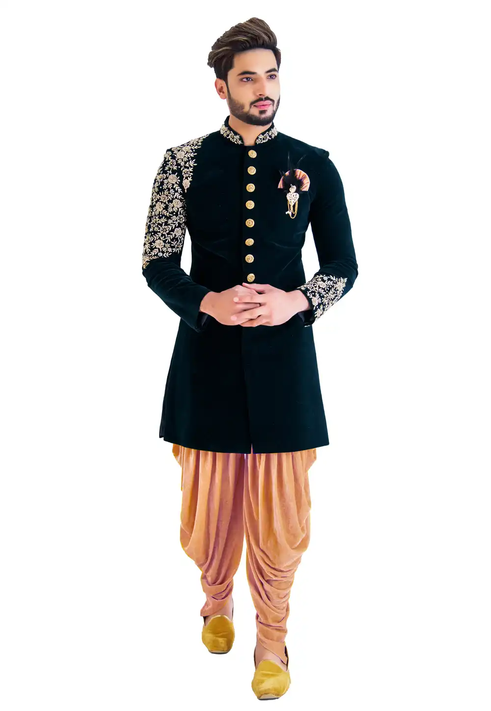 Green Velvet Readymade Indo Western Suit 202451