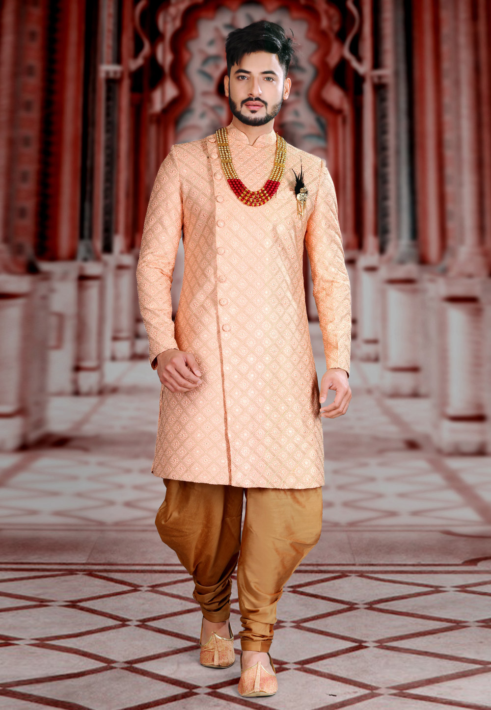 Peach Silk Indo Western Sherwani 241293