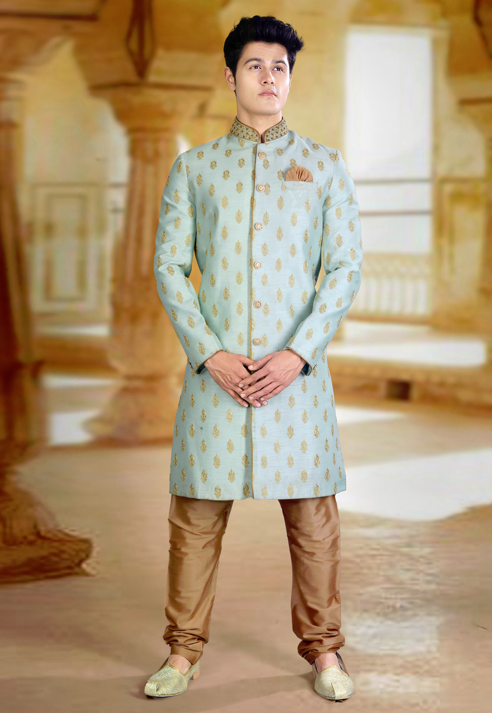 Sky Blue Silk Indo Western Sherwani 241294