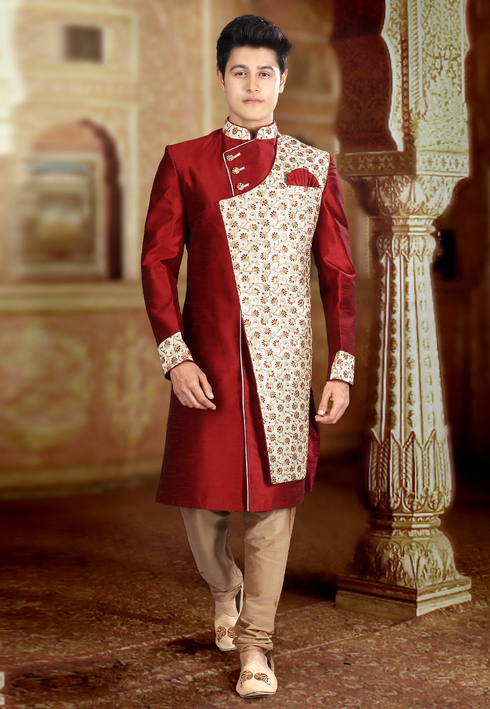 Maroon Art Silk Indo Western Sherwani 241295