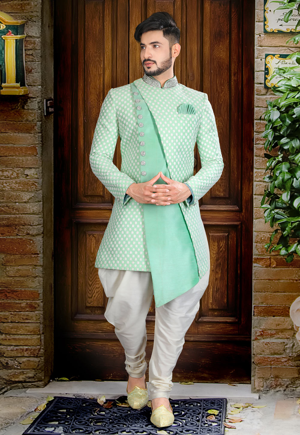 Light Green Silk Indo Western Sherwani 241297