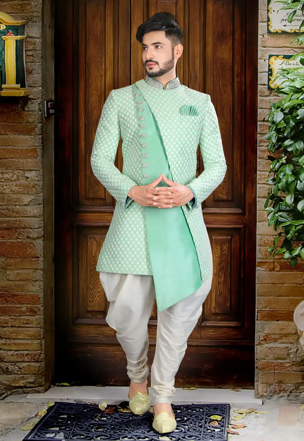 Light Green Silk Indo Western Sherwani 241297