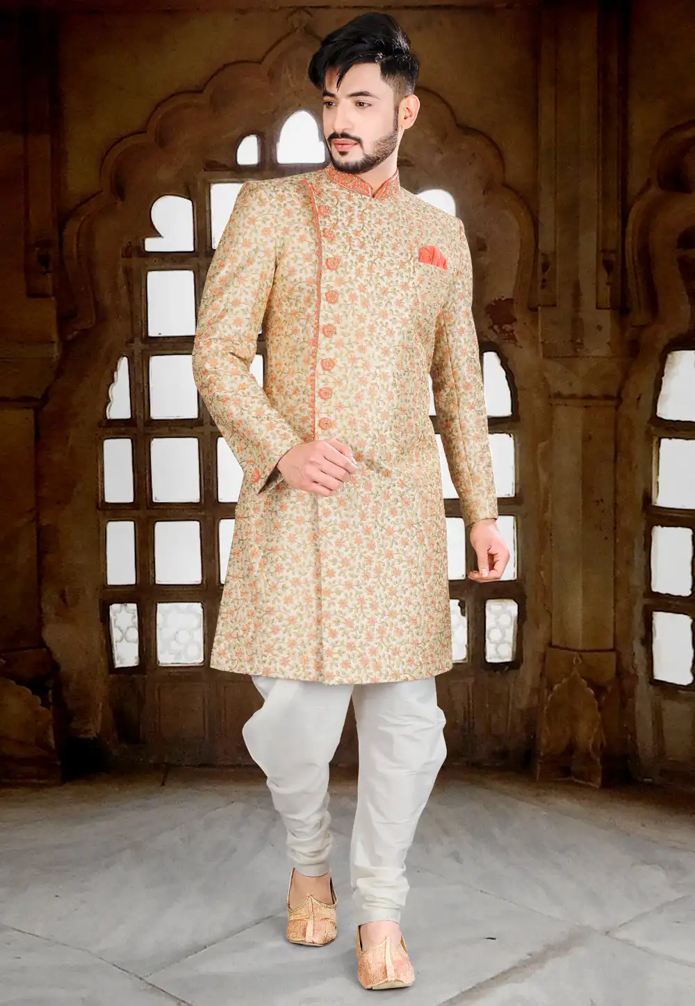 Beige Silk Indo Western Sherwani 241299