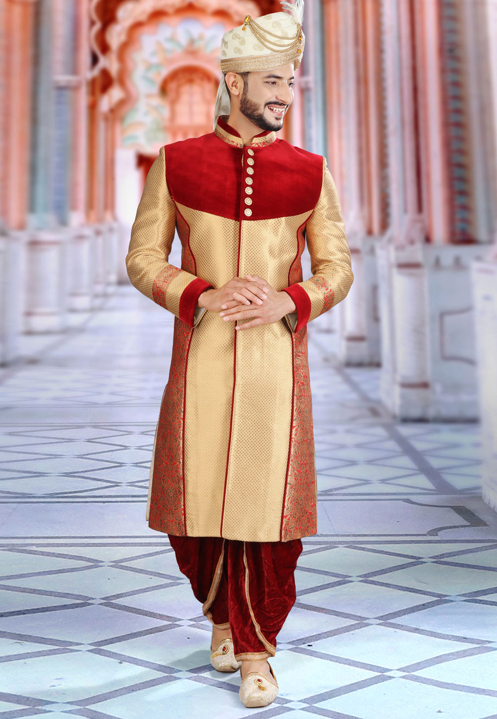 Golden Brocade Silk Dhoti Sherwani 241300