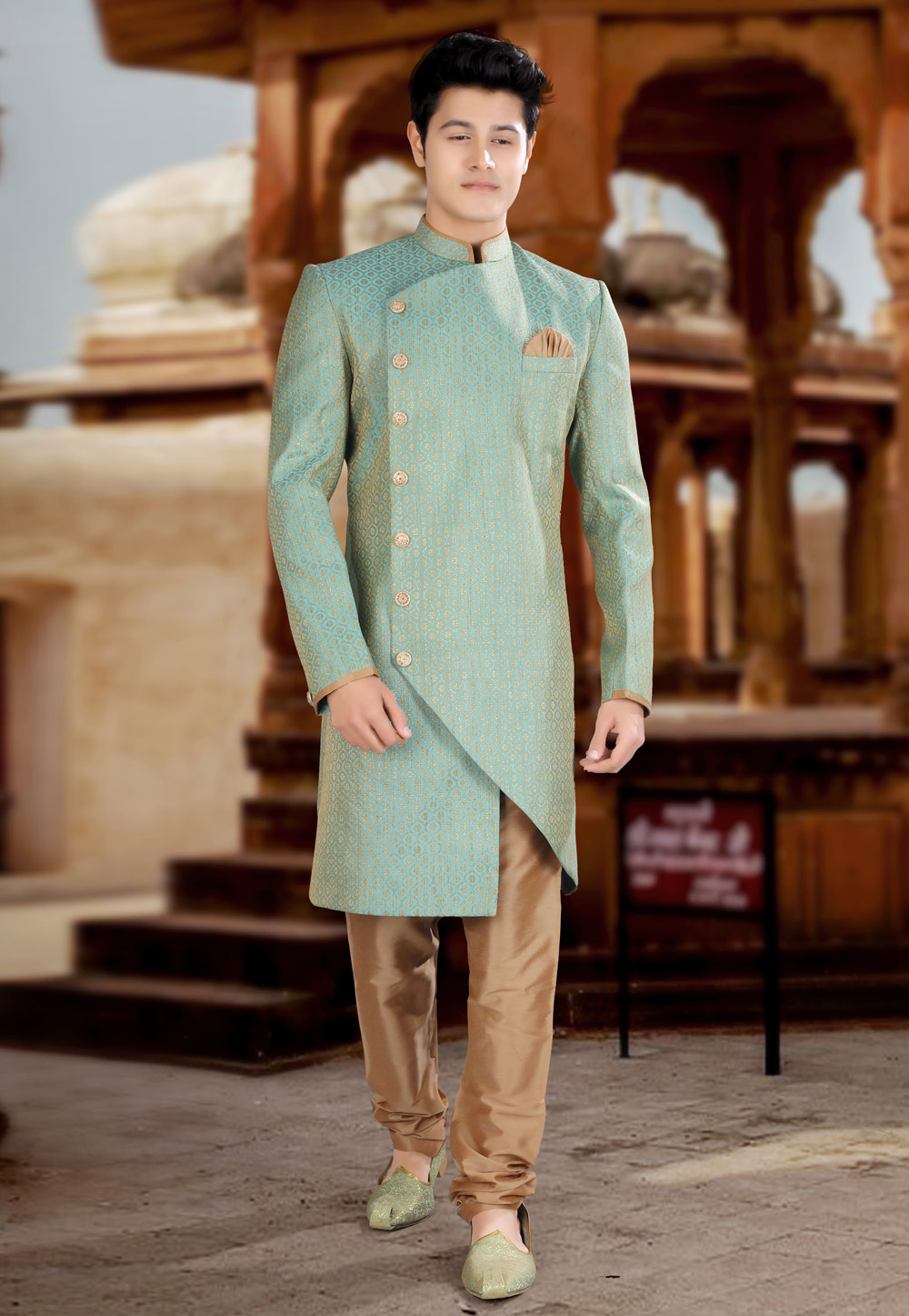 Sea Green Brocade Silk Indo Western Sherwani 241301