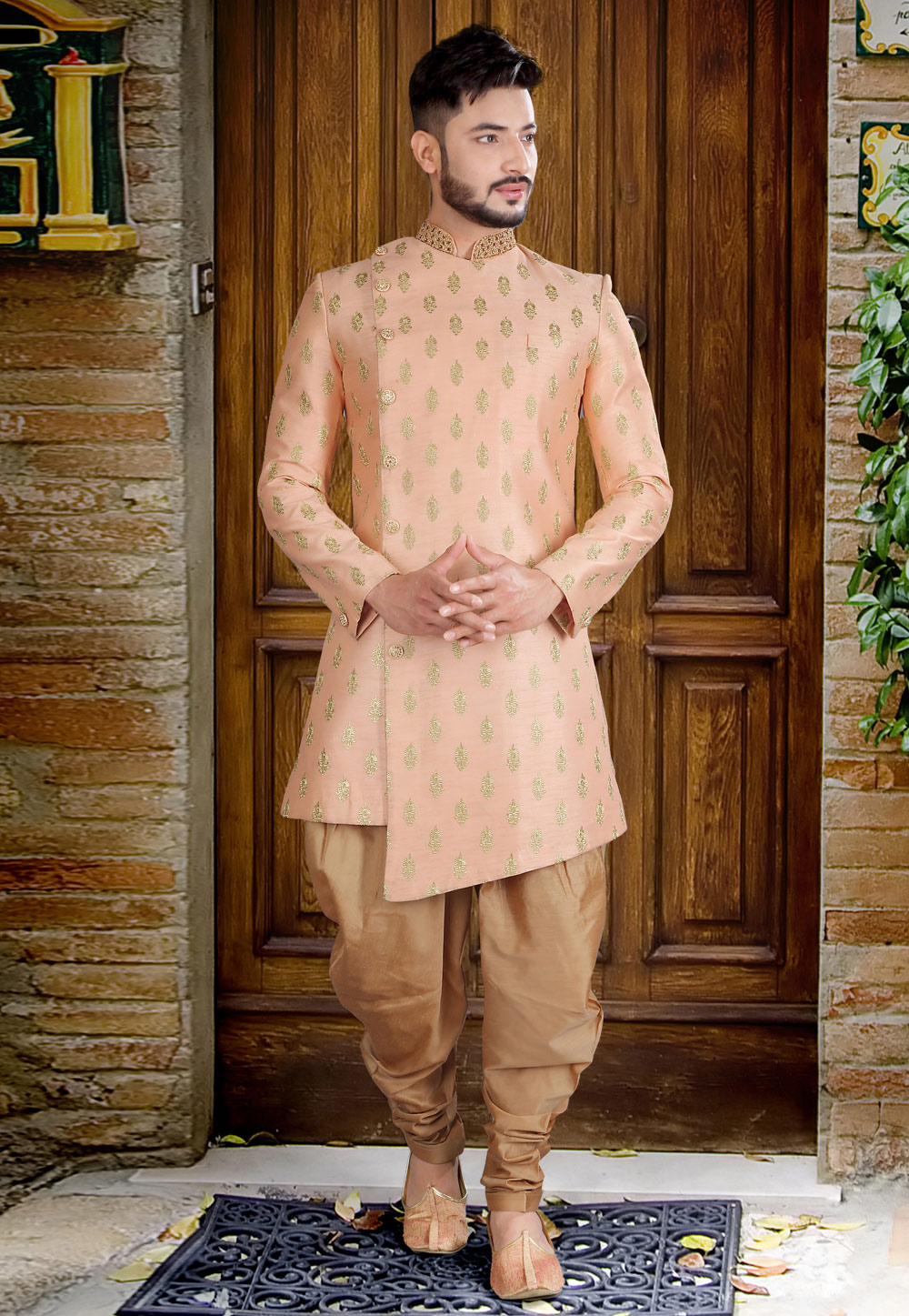 Peach Silk Indo Western Sherwani 241304