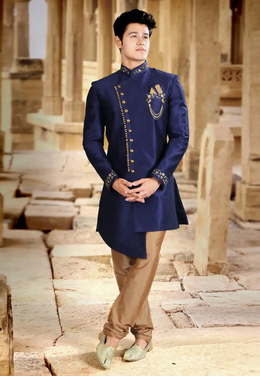 Navy Blue Art Silk Indo Western Sherwani 241305