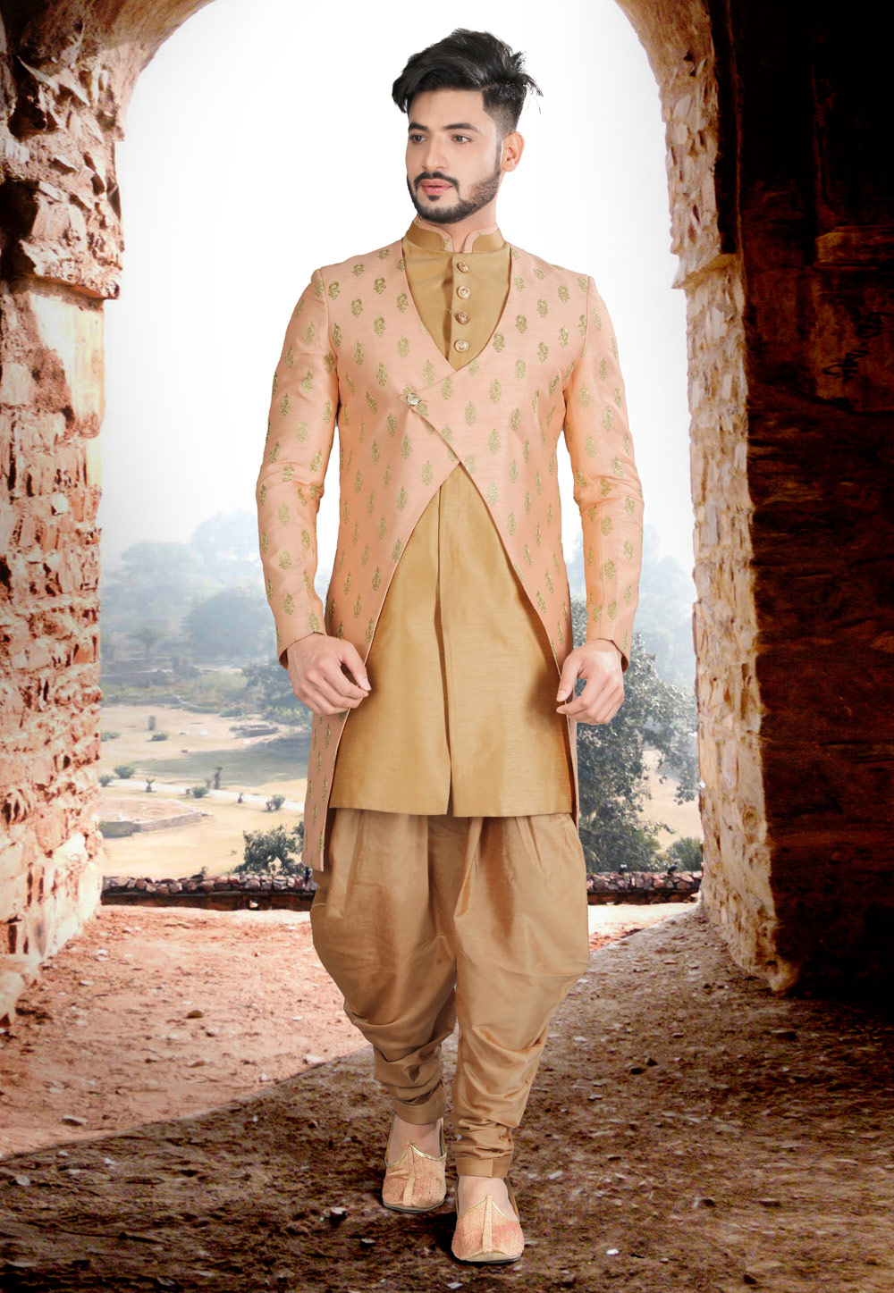 Peach Silk Indo Western Sherwani 241306