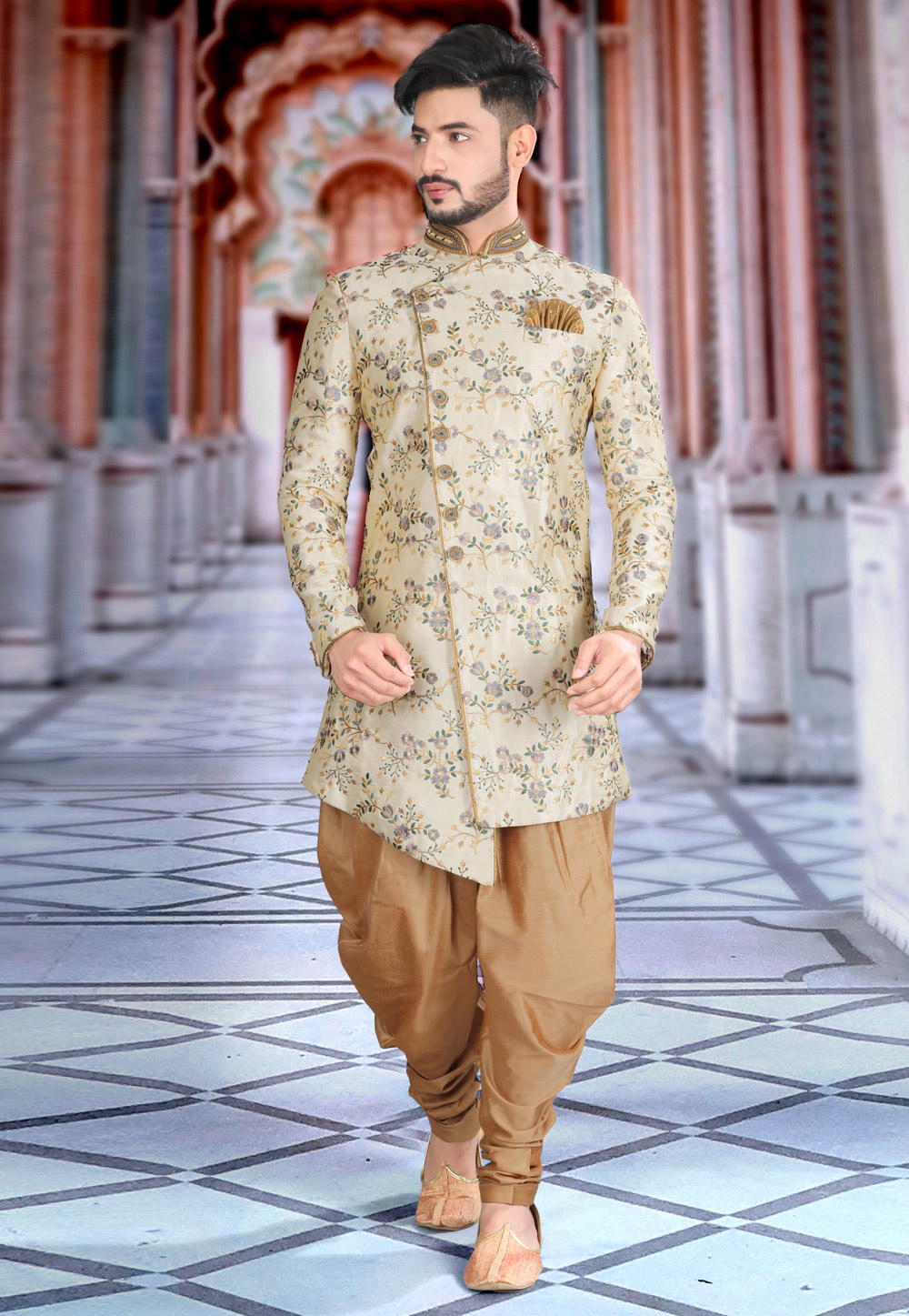 Beige Silk Indo Western Sherwani 241308