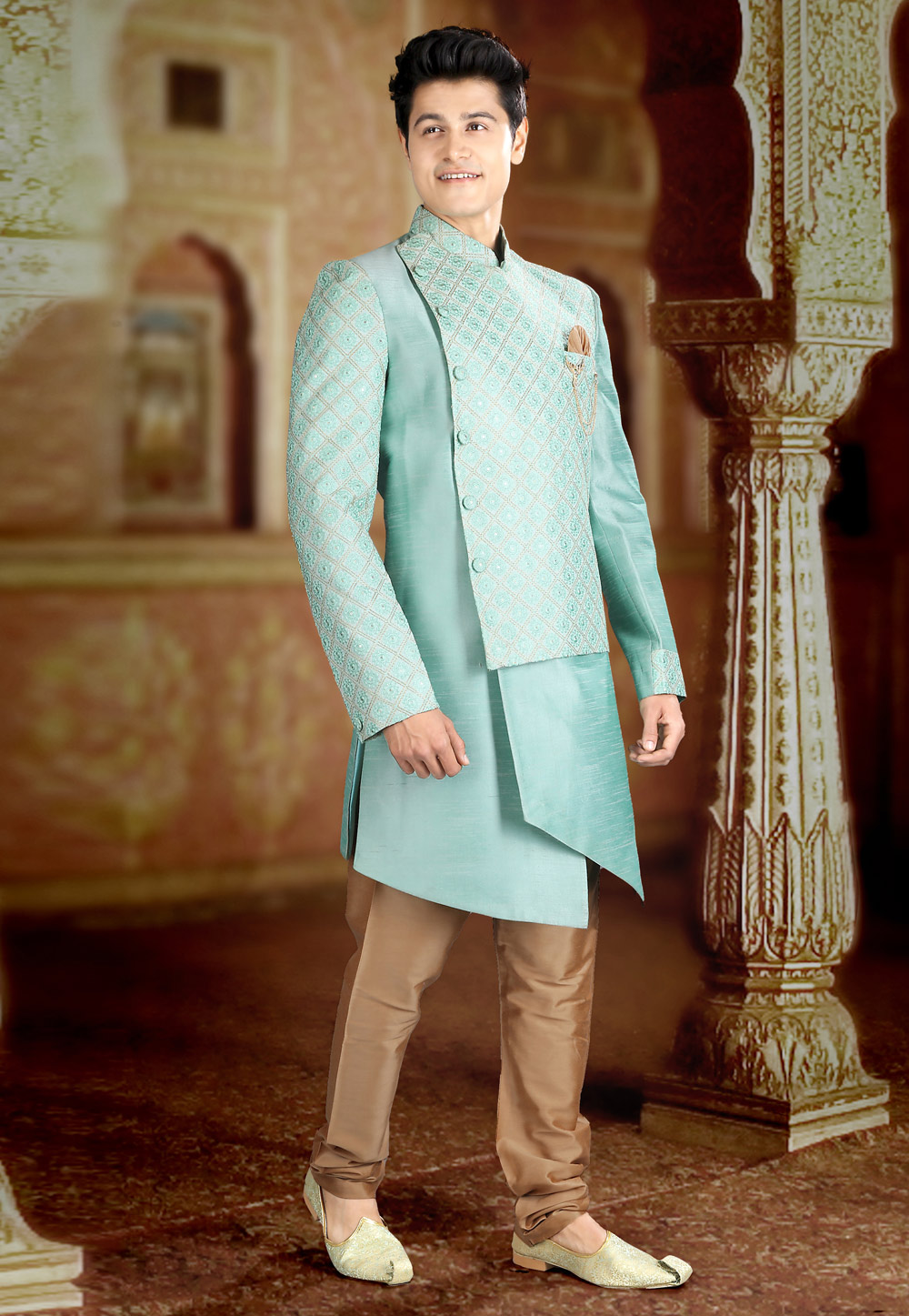 Sky Blue Art Silk Indo Western Sherwani 241309