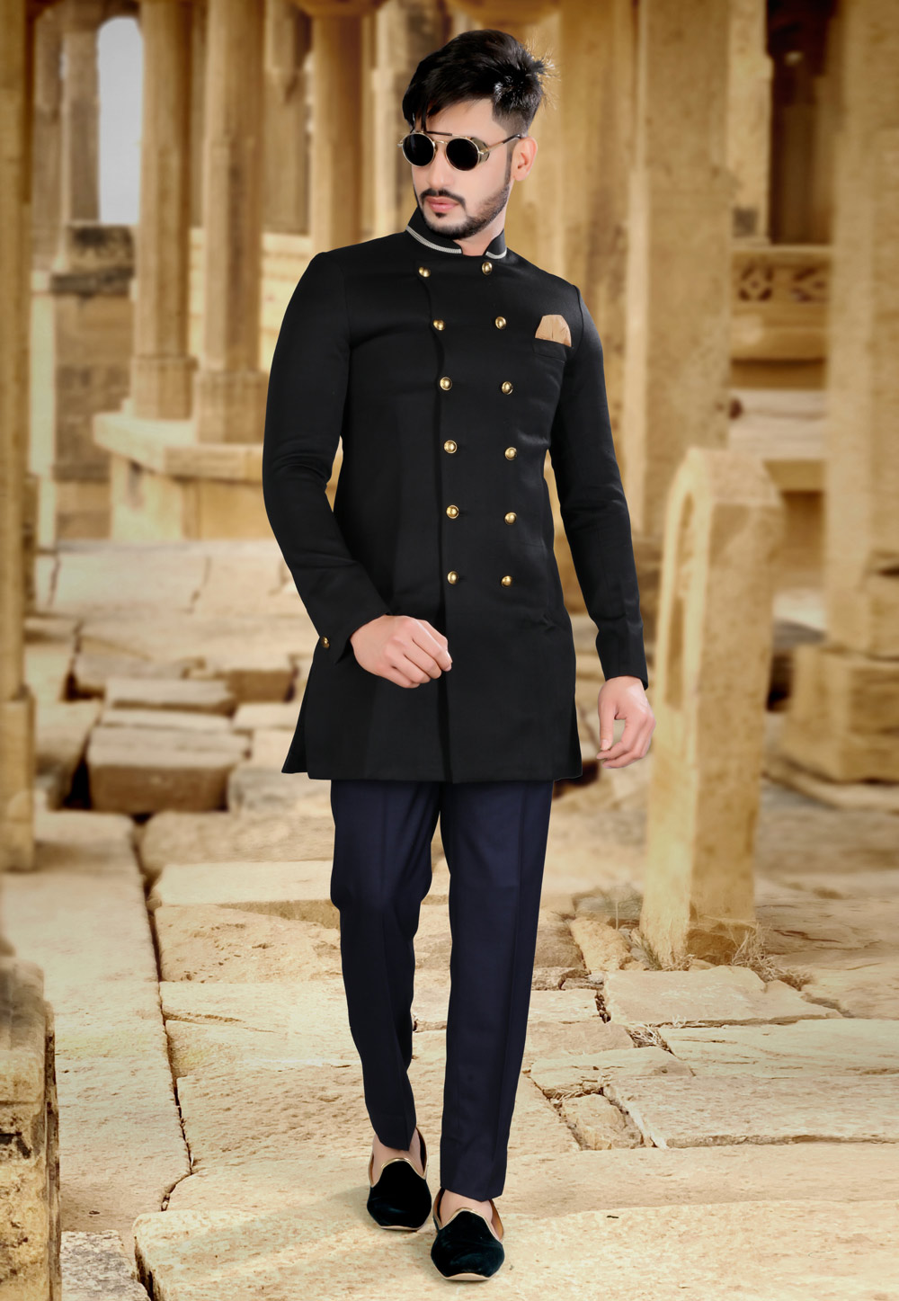 Black Art Silk Indo Western Sherwani 241310