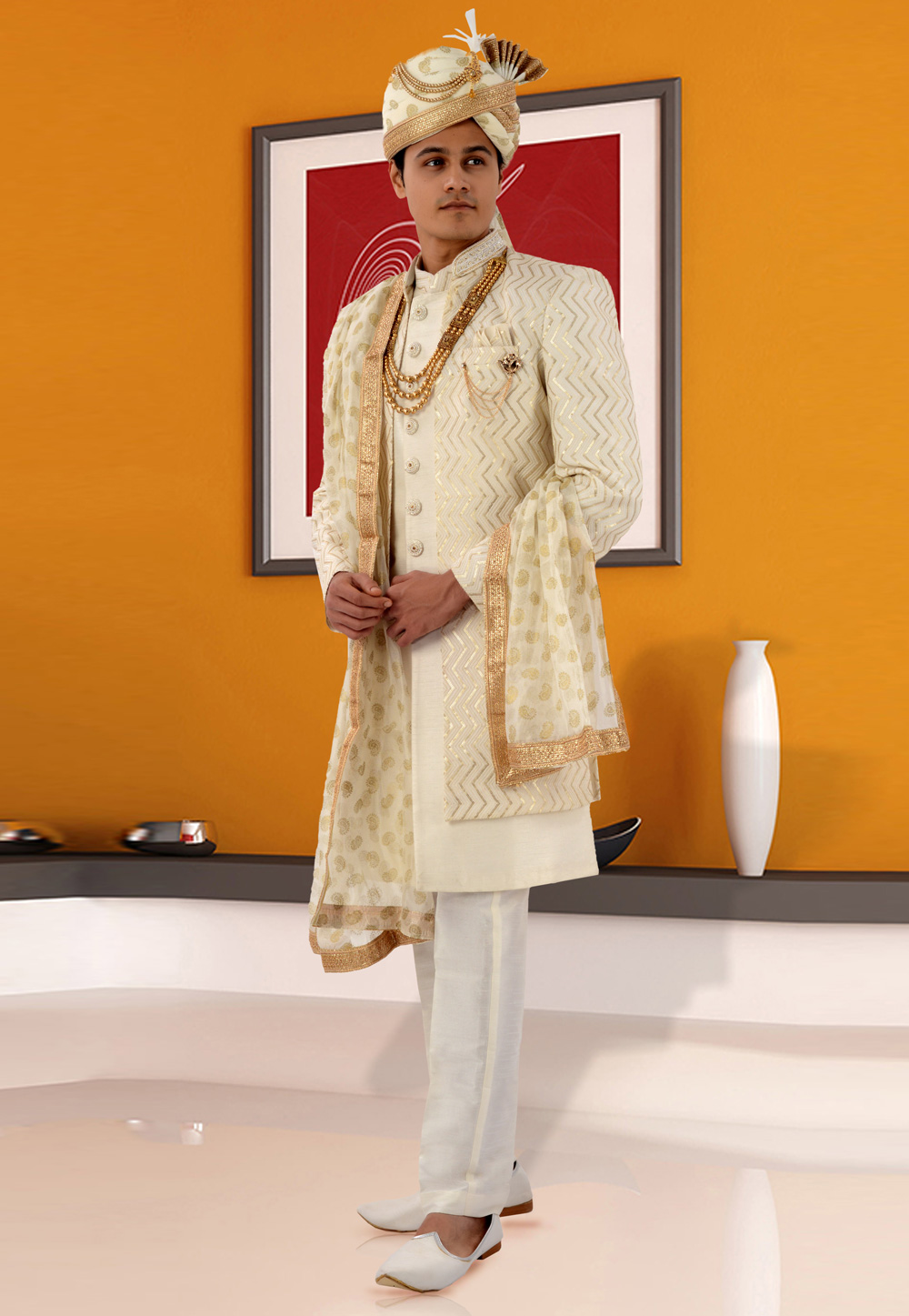 Cream Georgette Jacket Style Sherwani 269578
