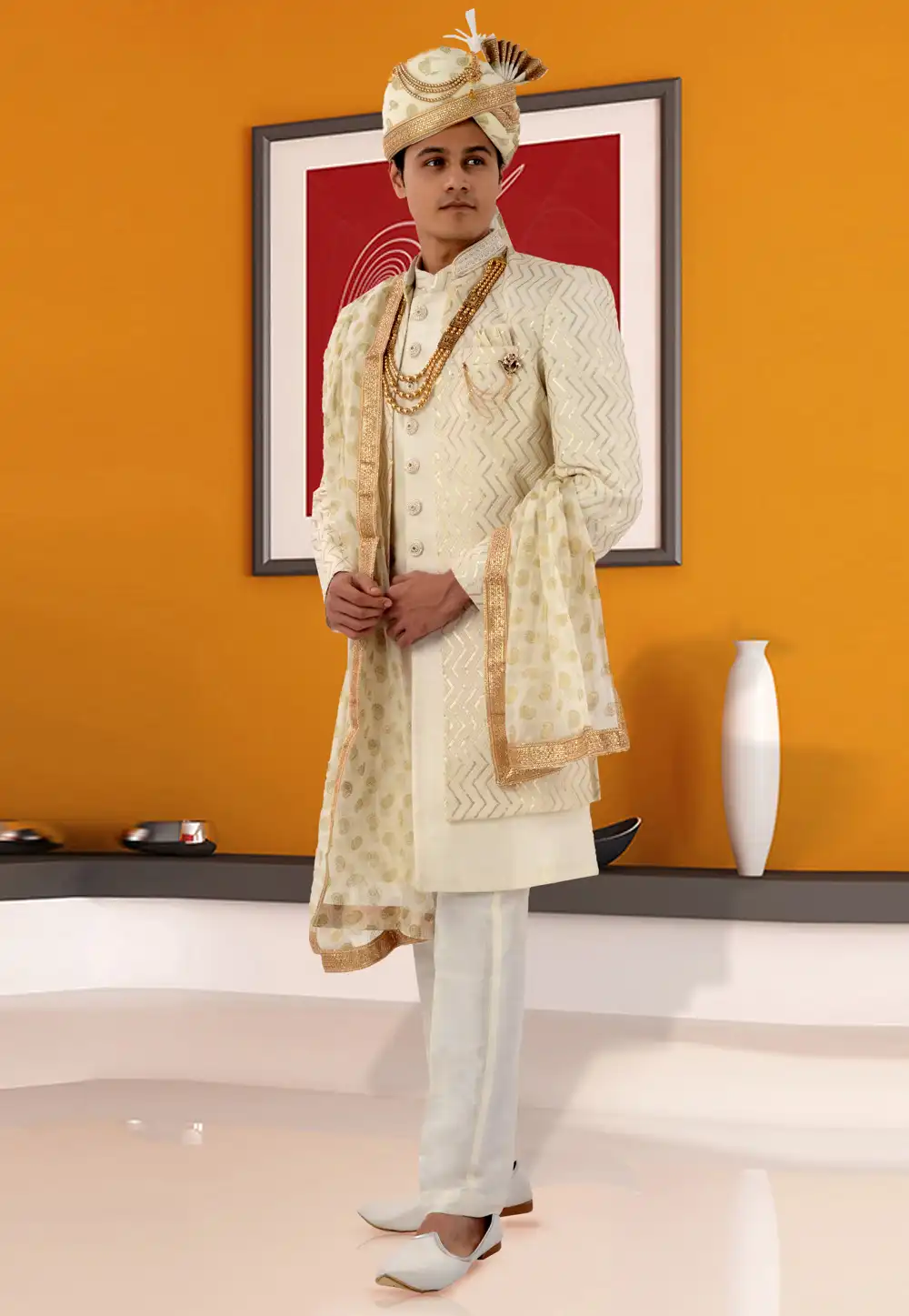 Cream Georgette Jacket Style Sherwani 269578