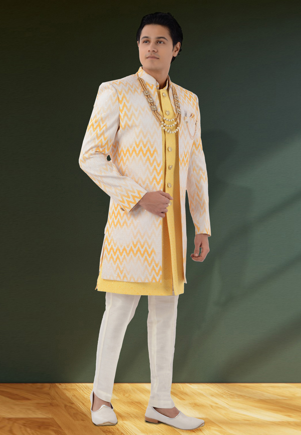 Off White Silk Jacket Style Sherwani 269586