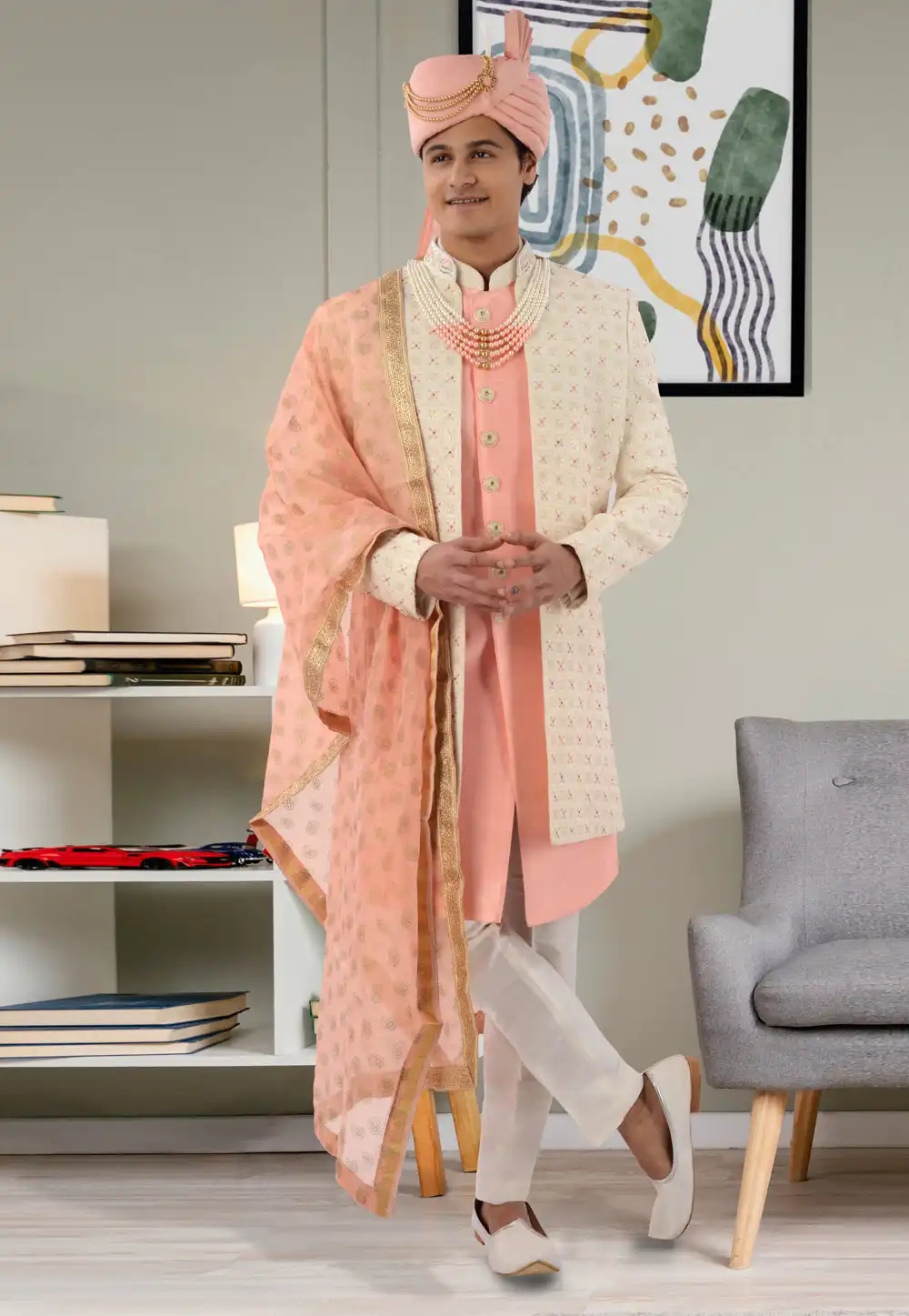 Peach Georgette Jacket Style Sherwani 271961