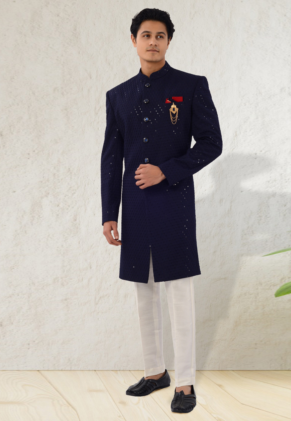 Navy Blue Silk Indo Western Sherwani 271966