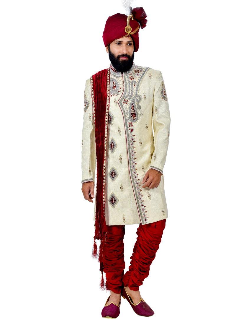 Cream Brocade Achkan Style Sherwani 113642
