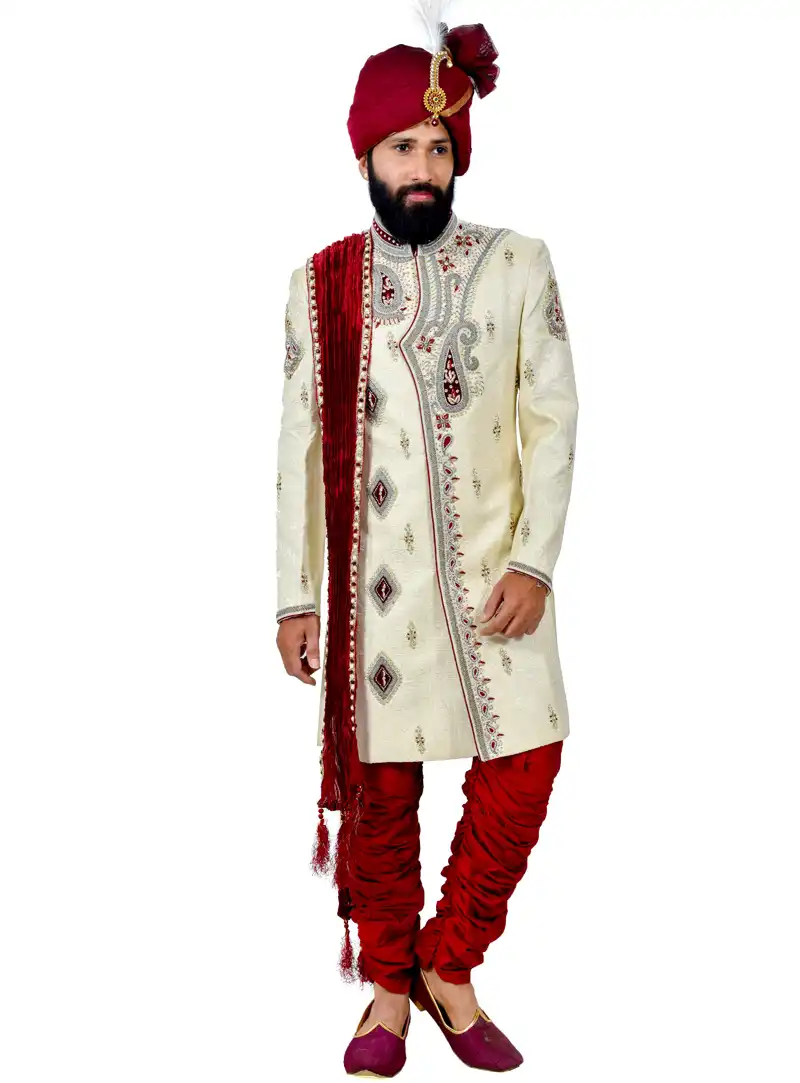 Cream Brocade Achkan Style Sherwani 113642