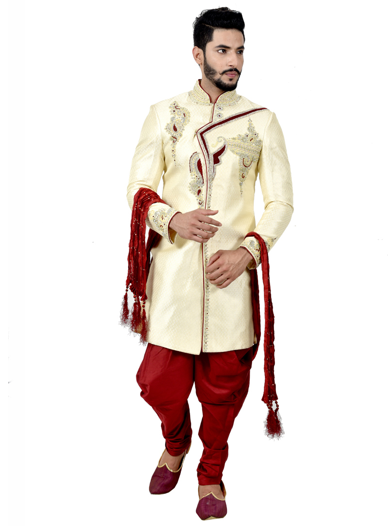 Cream Brocade Angrakha Style Sherwani  113644