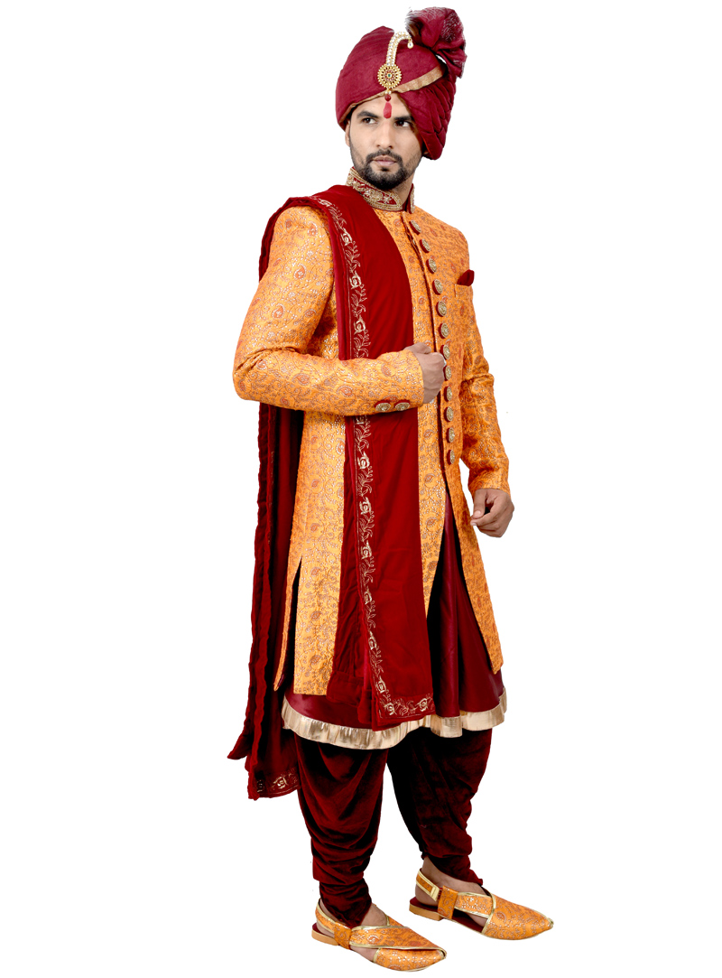 Orange Broacde Anarkali Style Sherwani 113645