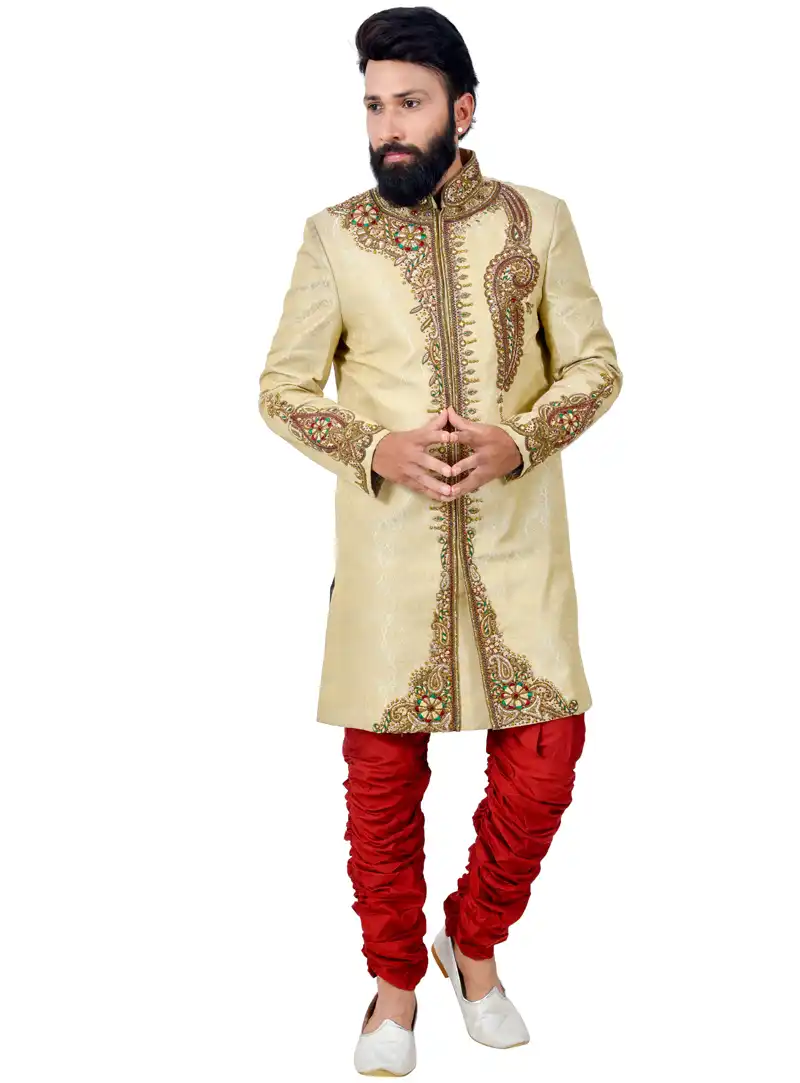 Beige Brocade Chipkan Style Sherwani 113646