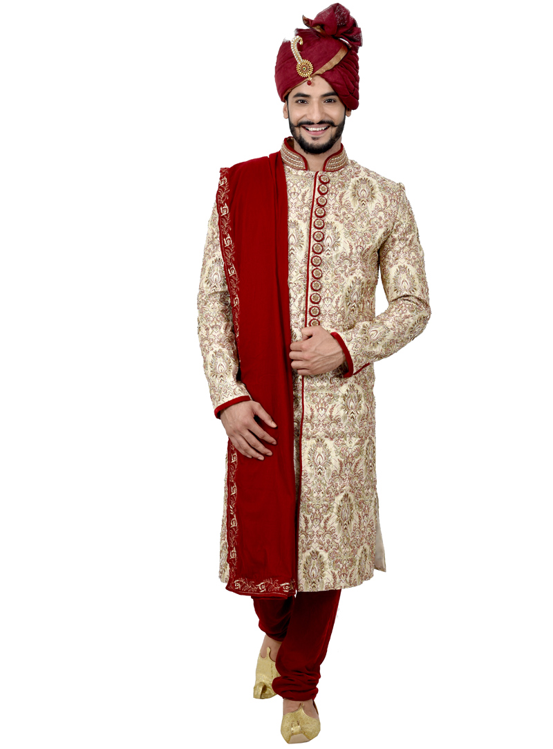 Off White Brocade Achkan Style Sherwani 113647