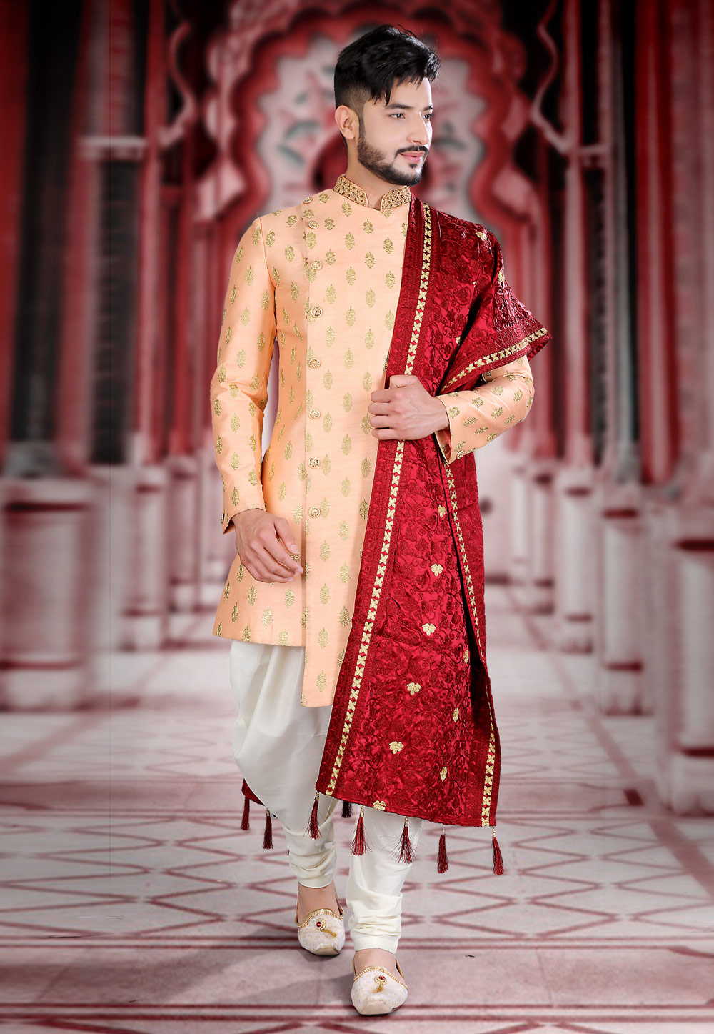 Peach Art Silk Jodhpuri Sherwani 239448