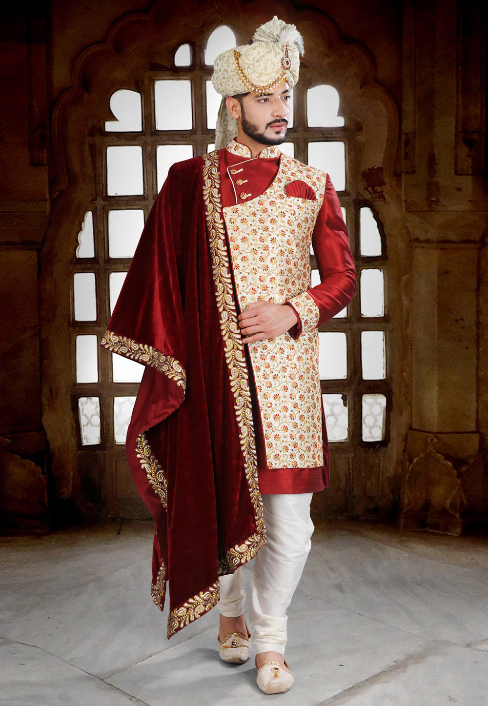 Maroon Art Silk Jacket Style Sherwani 239450