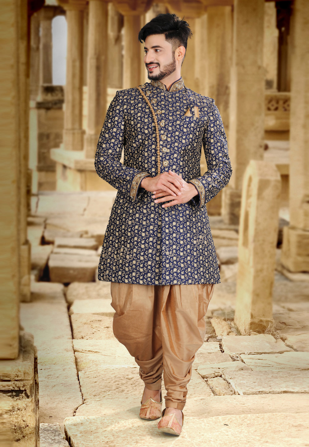 Navy Blue Art Silk Indo Western Sherwani 239452