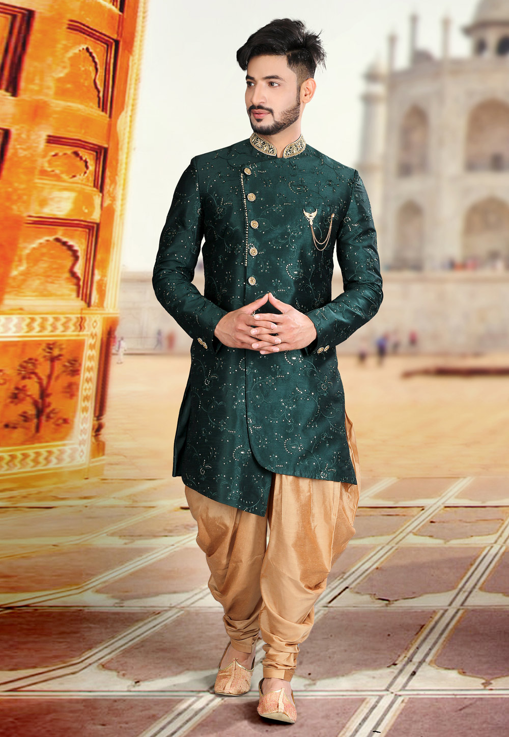 Green Art Silk Indo Western Sherwani 239453