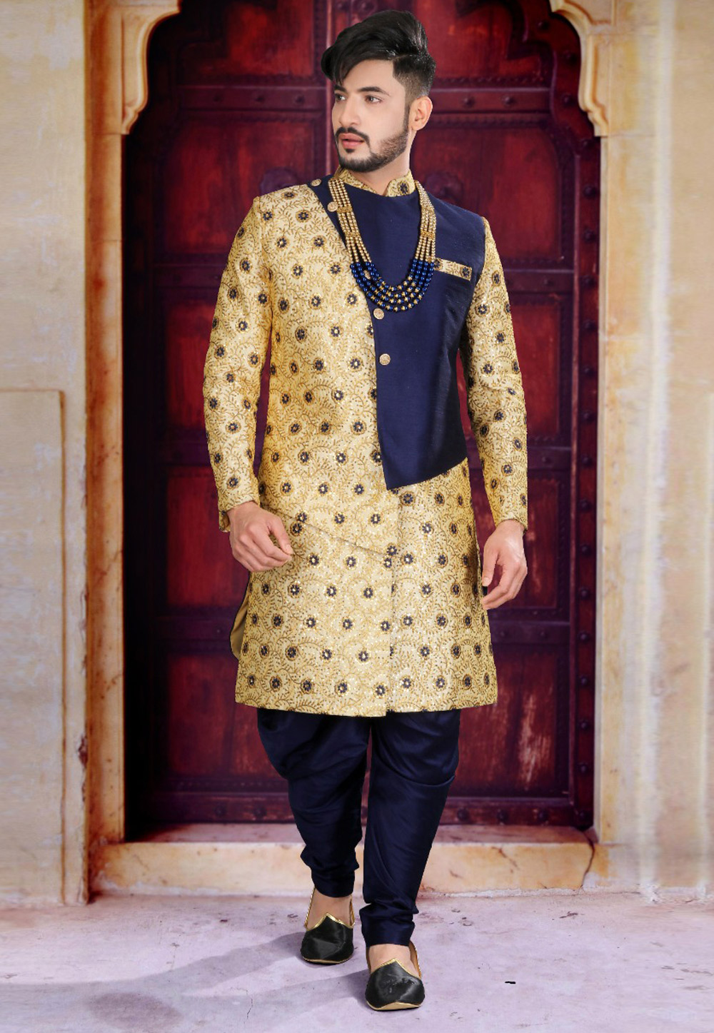 Navy Blue Art Silk Indo Western Sherwani 239455
