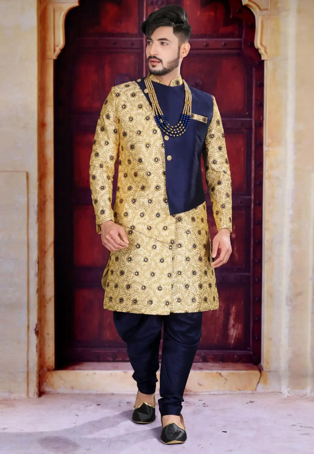Navy Blue Art Silk Indo Western Sherwani 239455