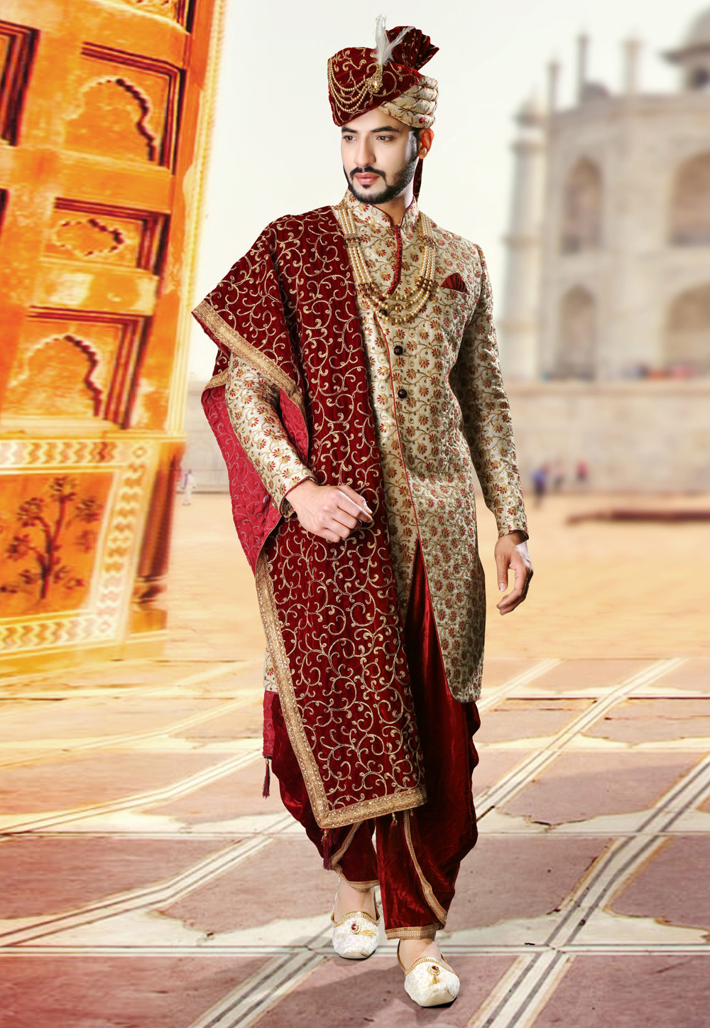 Beige Art Silk Dhoti Sherwani 239456