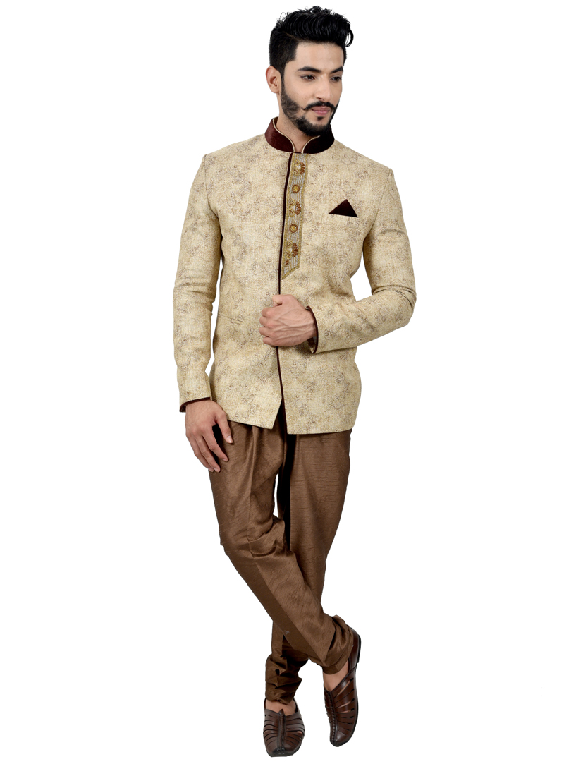 Beige Jute Jodhpuri Suit 113996