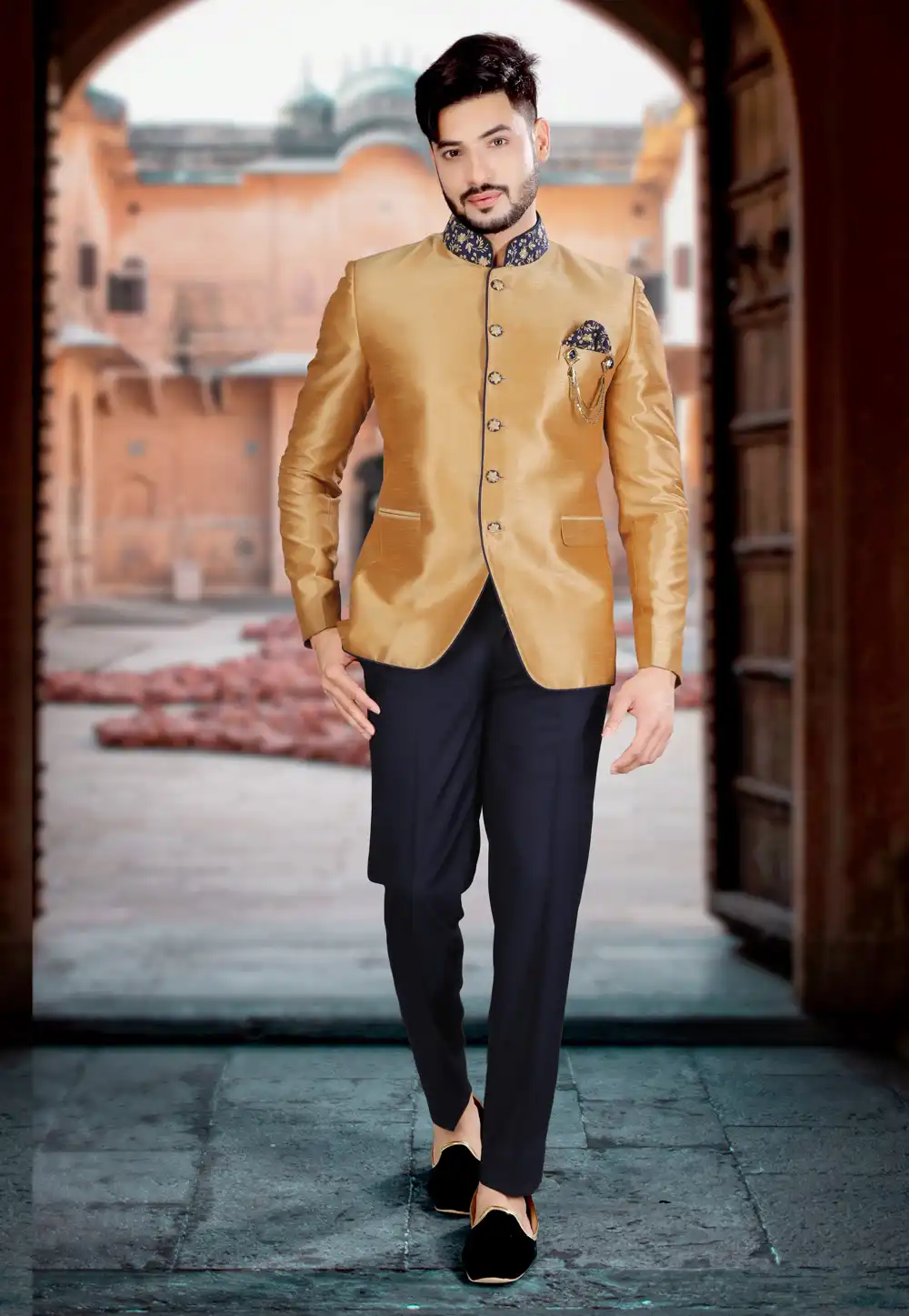 Golden Art Silk Jodhpuri Suit 250481
