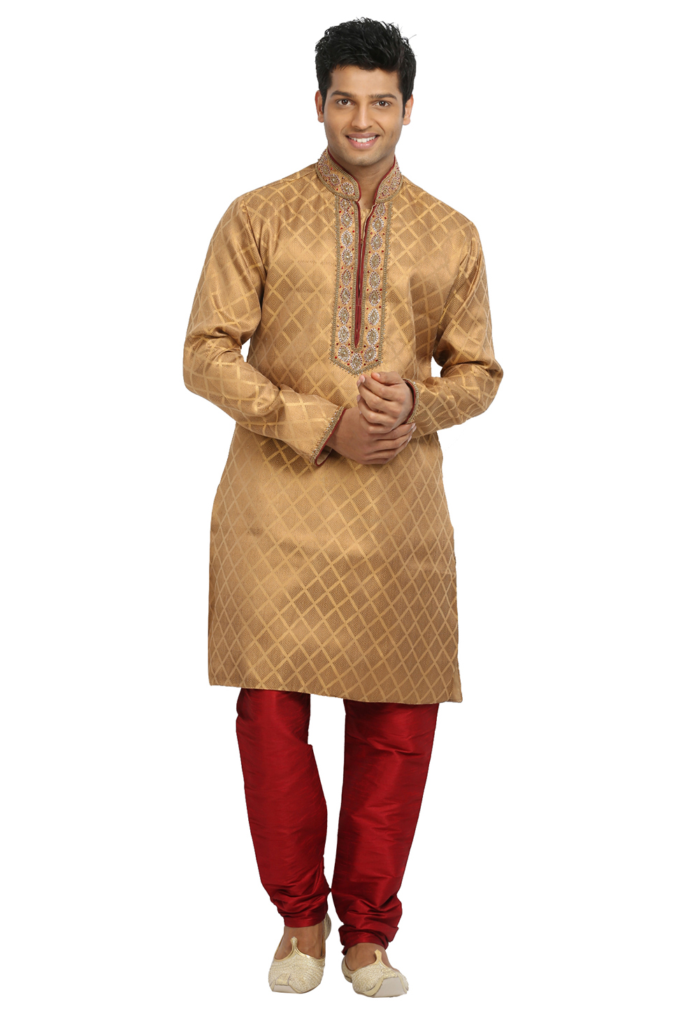 Golden Brocade Readymade Kurta Pajama 203668