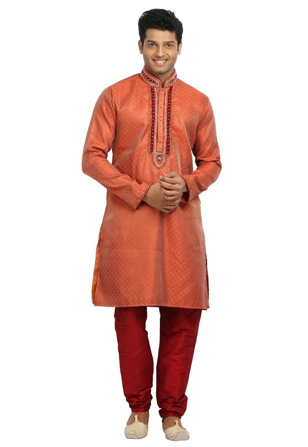 Orange Brocade Readymade Kurta Pajama 203669