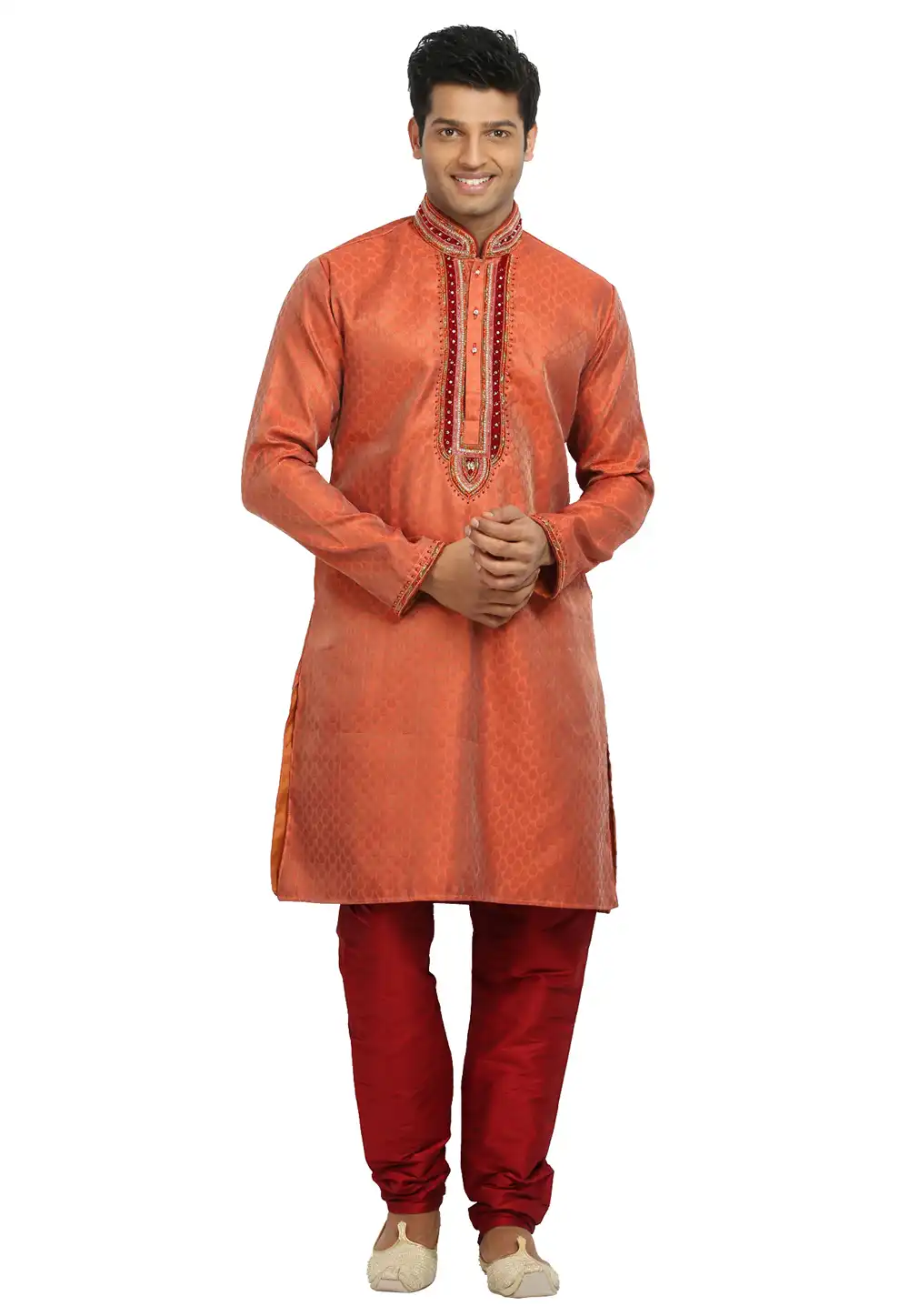 Orange Brocade Readymade Kurta Pajama 203669