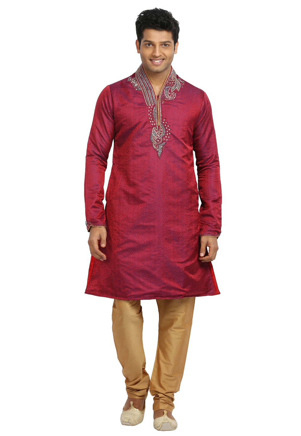 Magenta Brocade Readymade Kurta Pajama 203670