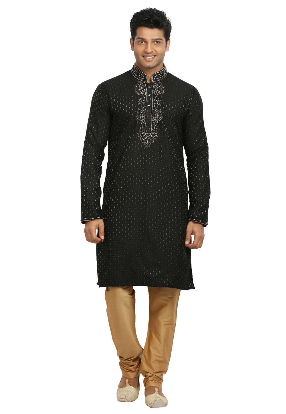 Black Brocade Readymade Kurta Pajama 203671