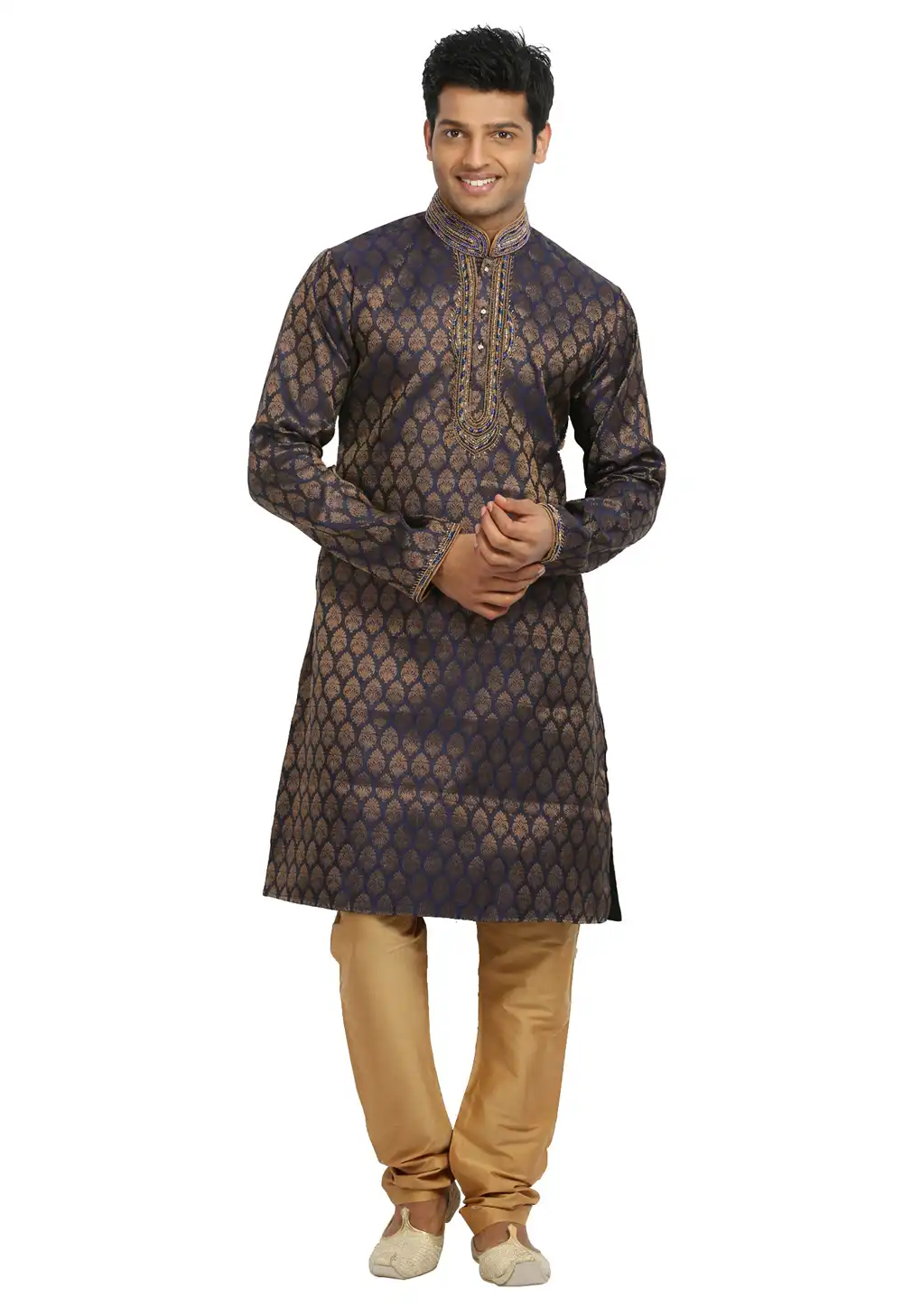 Navy Blue Brocade Readymade Kurta Pajama 203673