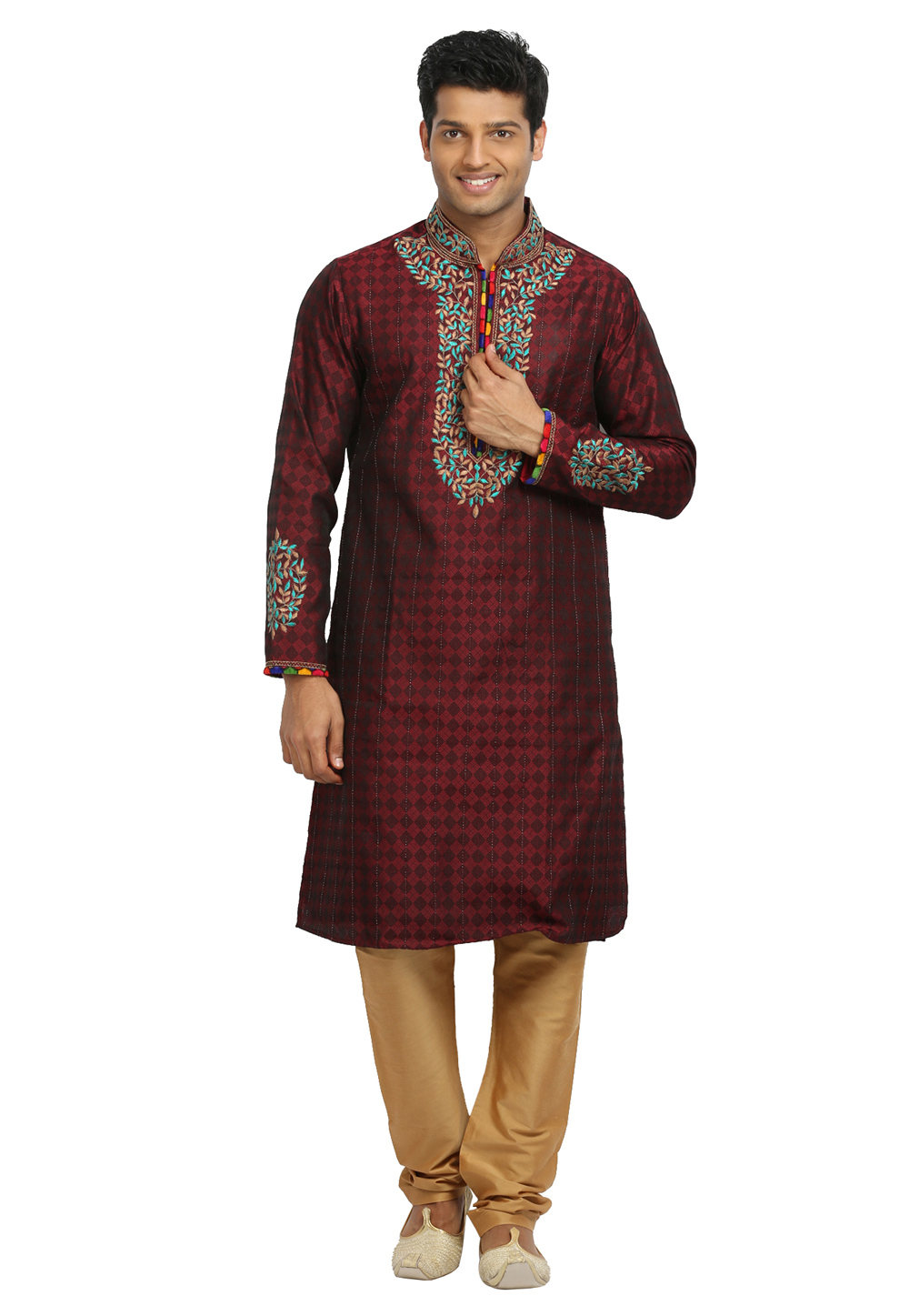 Maroon Brocade Readymade Kurta Pajama 203674