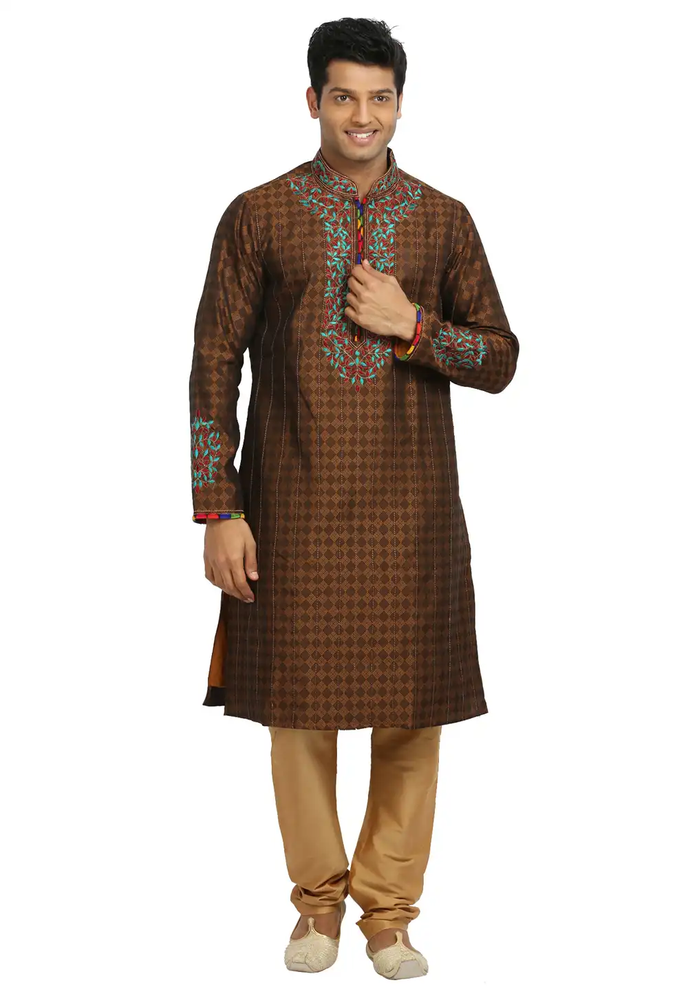 Brown Brocade Readymade Kurta Pajama 203675